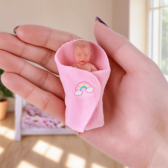 BABESIDE Mini Silicone Baby Dolls, 3 Inch Realistic Newborn Baby Dolls Full Silicone Sleeping Little Mini Real Life Baby Girl Miniature Baby with Playset Accessories(Pink)