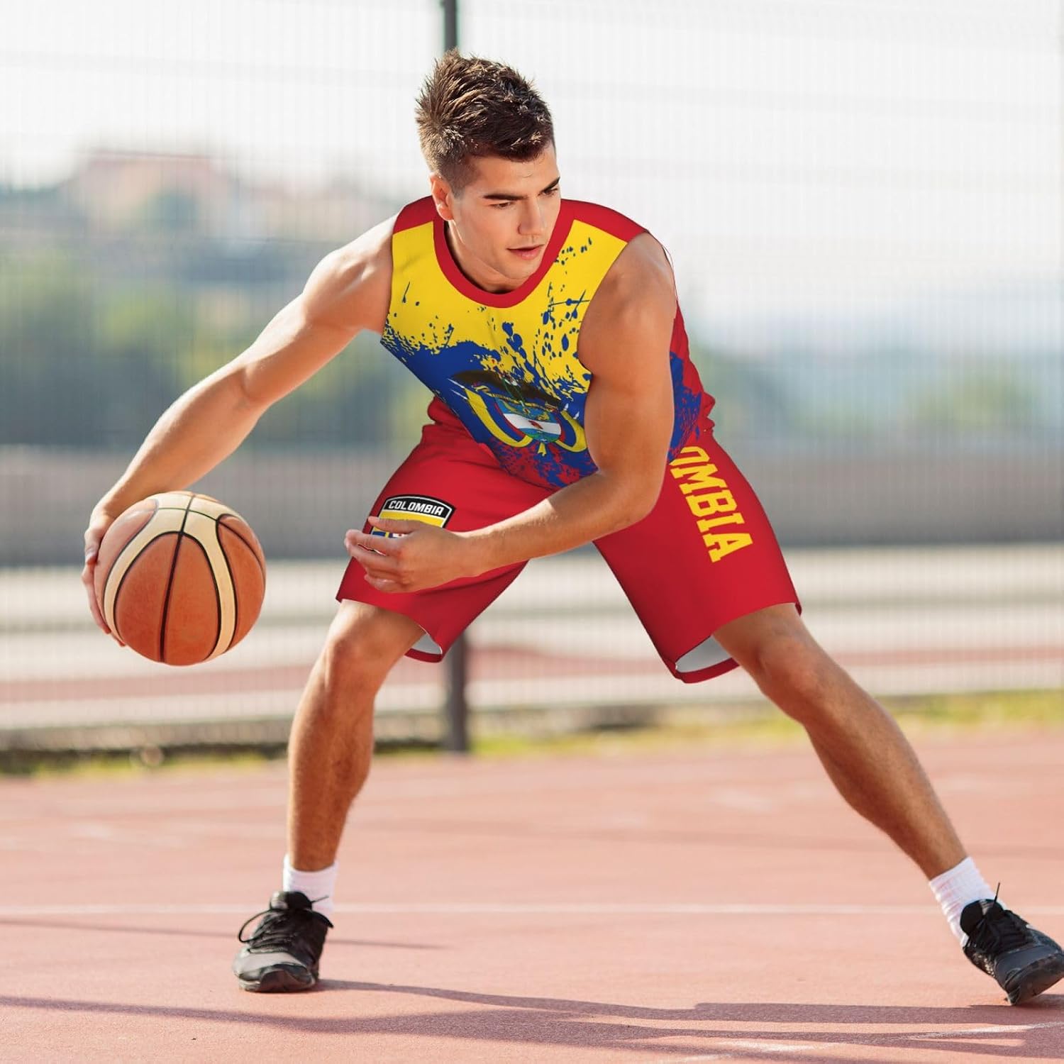 Colombia Flag Grain (2) Basketball Jersey Uniform Suit for Men Adults Training Athletic Set
