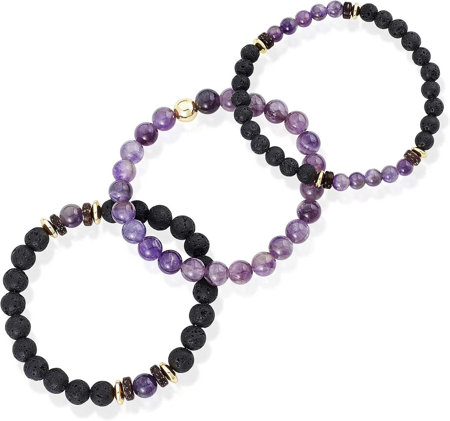 West Coast Jewelry Men's Natural Stone with Gold Plated Hematite, Lava and Wood Beaded Stretch Bracelet Set of 3