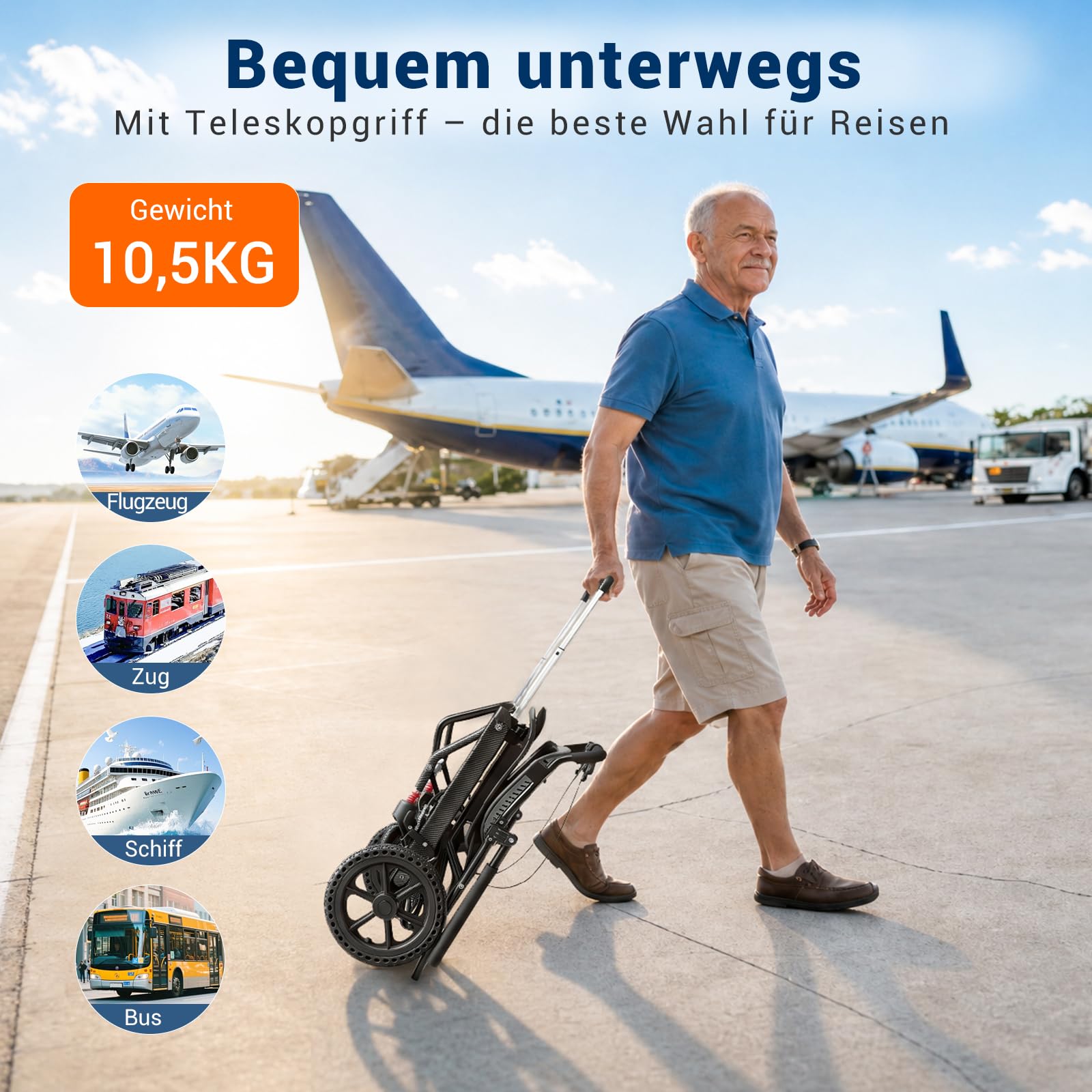 Care-parents Sedia a rotelle pieghevole leggera, 10,5 kg, larghezza della seduta 41 cm, sedia a rotelle da viaggio con asta estensibile, sedia a rotelle da trasporto sottile per appartamento, compatta