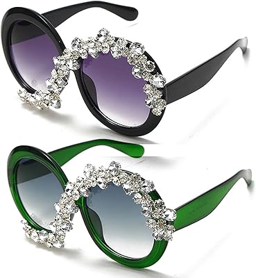 mincl Round Diamond Sunglasses Rhinestone Frame Sparkling Crystal Glasses (2pcs-gray&green)
