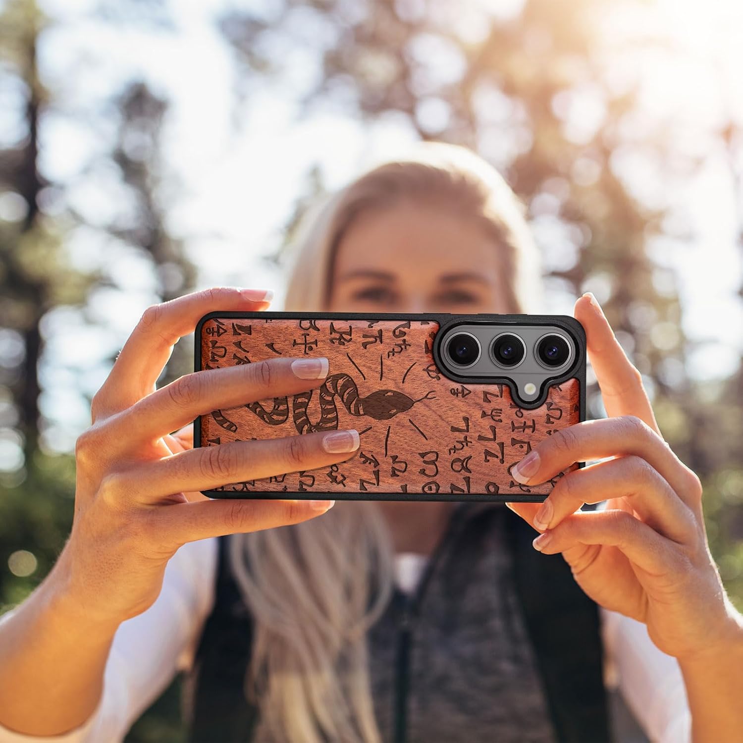 Carveit Magnetic Wooden Case for Galaxy S26+ Samsung S26 Plus Case, TPU Shockproof Cover & Wood Engraved, Compatible with MagSafe Wireless Chargers (Mystic Snake & Spells) Rosy