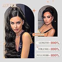 Vista 2 de Extensión de cola de caballo con cordón negro, 26 pulgadas, onda natural, resistente al calor, con clip, extensión de cola de caballo