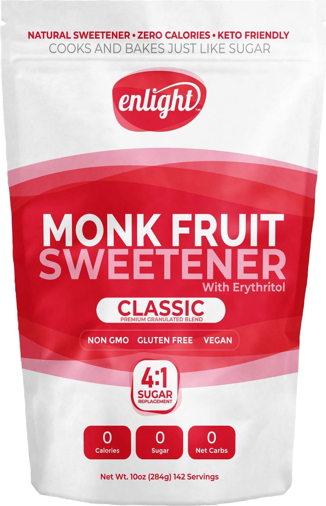 Enlight Monkfruit Sweetener - 4:1 Sugar Substitute (10oz Size) Zero Calories, Keto Friendly, Non-GMO, Sugar Free Natural Sweetener