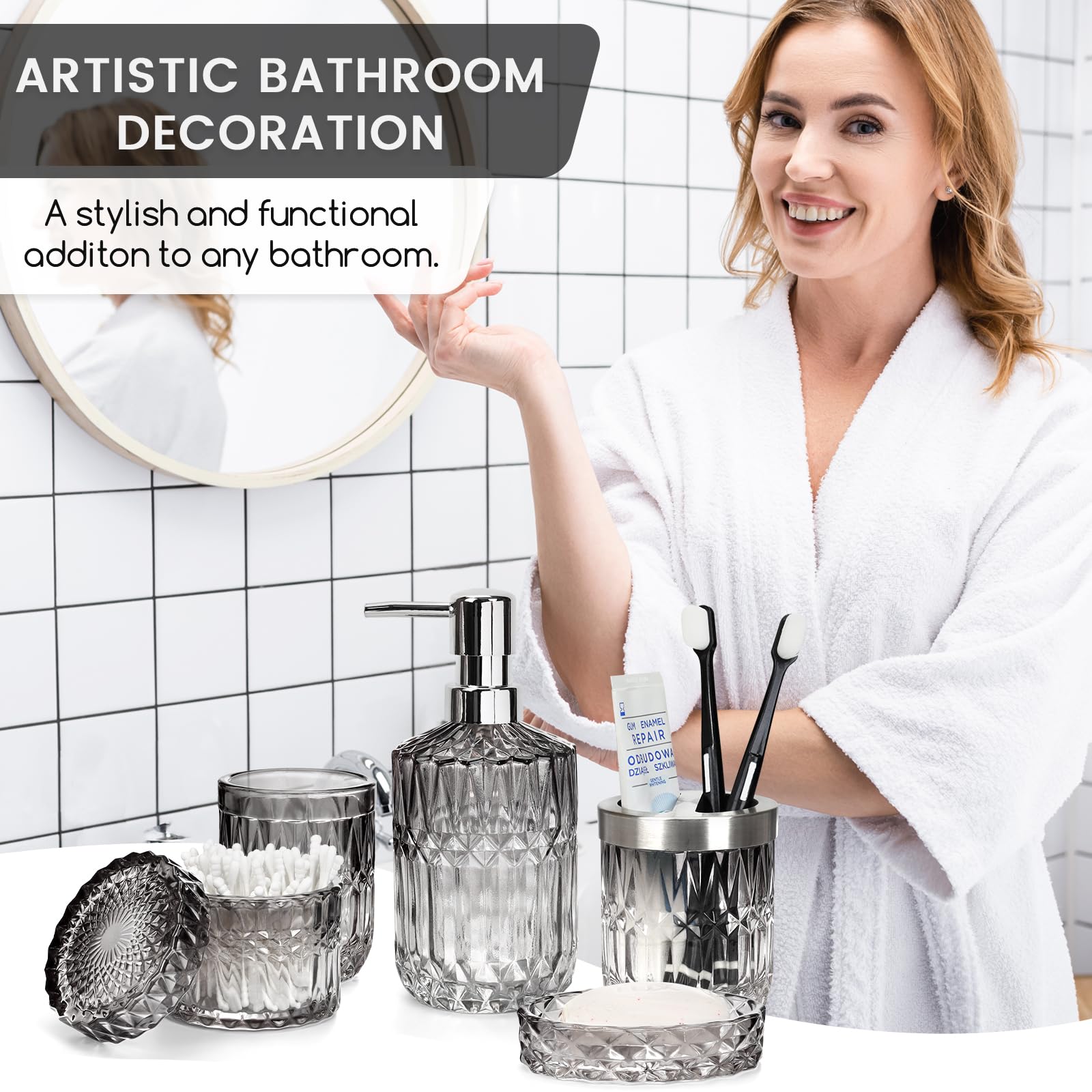 Juego de 5 accesorios de baño, dispensador de loción de jabón de vidrio, soporte para cepillo de dientes, vaso, jabonera y tarro organizador, decoración moderna de baño y cocina para maximizar el