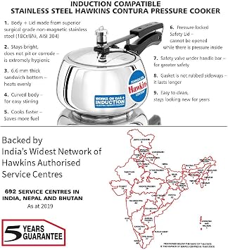 Hawkins 3 Litre Contura Pressure Cooker, Stainless Steel Inner Lid Cooker, Handi Cooker, Induction Cooker, Silver (SSC30)