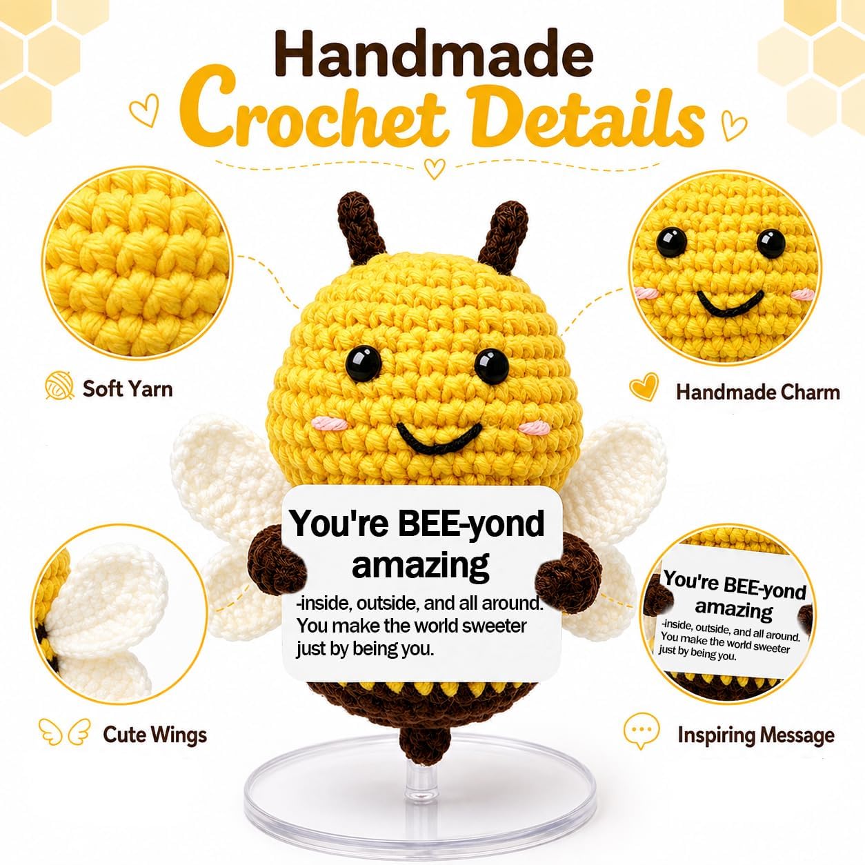 Mini Positive Crochet Bee Gift for Women Birthday with Inspirational Card