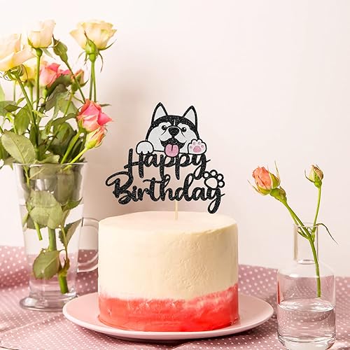 Miniatura 4 de Decoración de pastel de Husky de feliz cumpleaños, suministros para tartas de fiesta de cumpleaños para cachorros, suministros de fiesta de