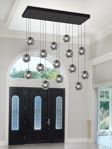 Miniatura 53 de Lámpara Colgante de Globo de Vidrio de 6 Luces Moderna Candelabro de Globo de Vidrio Gris Humo Grandes Candelabros para Techos Altos Entrada Luz