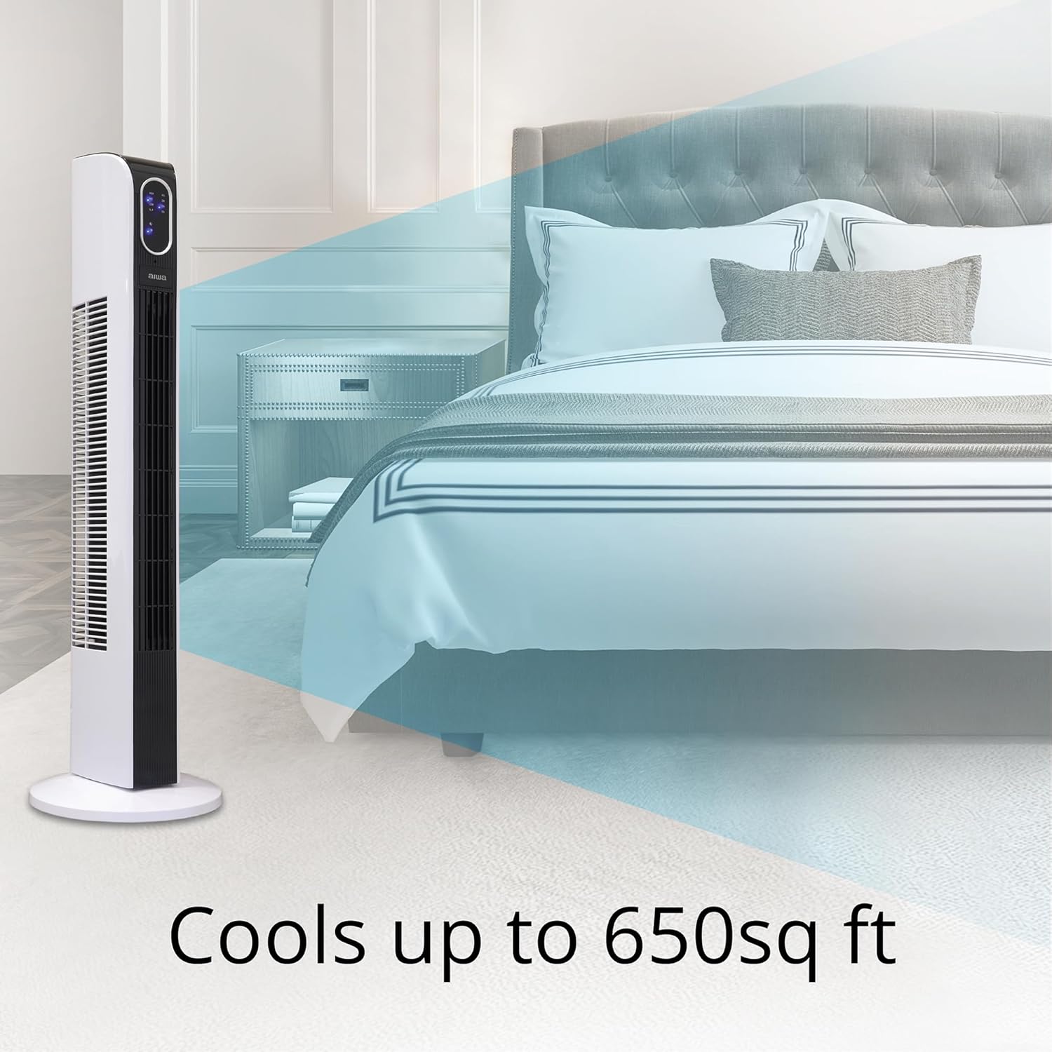 Aiwa Voice Activated Intelligent 34" Tower Fan, 15+ Voice Commands, Three Speeds, 60 Degree Oscillation, Hands Free Activation, 650 sq ft, 8 Hour Timer, Normal Natural and Sleep Modes