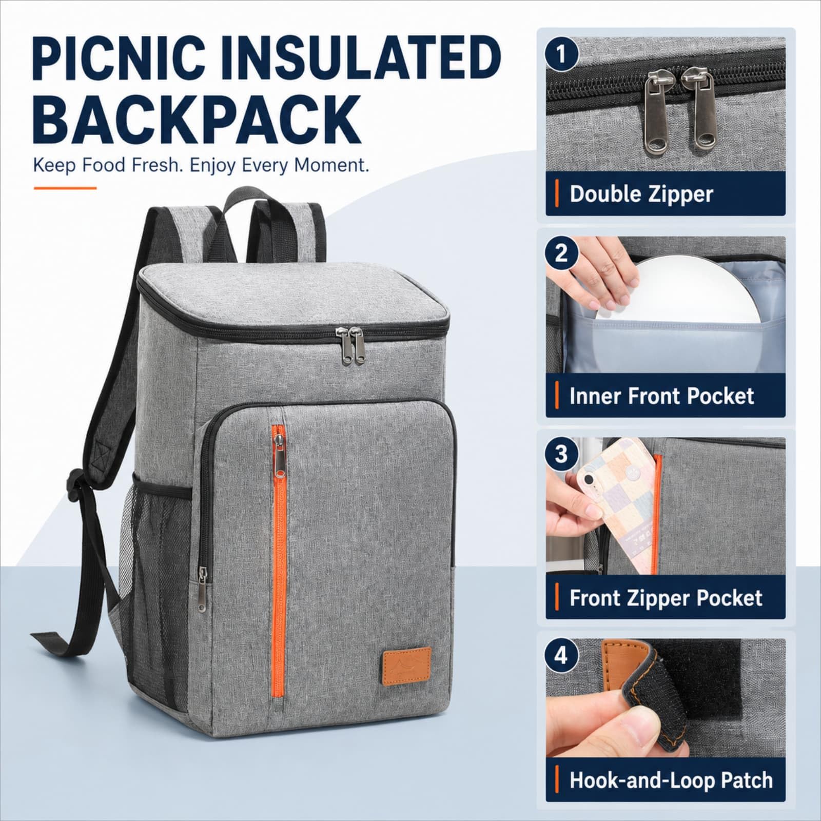 Surwin Zaino Frigo Termico,Zaino Termica Porta Pranzo Borsa Frigo Impermeabile Portatile Grande Capacità 18L Borsa da Picnic Resistente Leggero per Uomo Donna, Campeggio (Grigio,39.5x27x17cm)