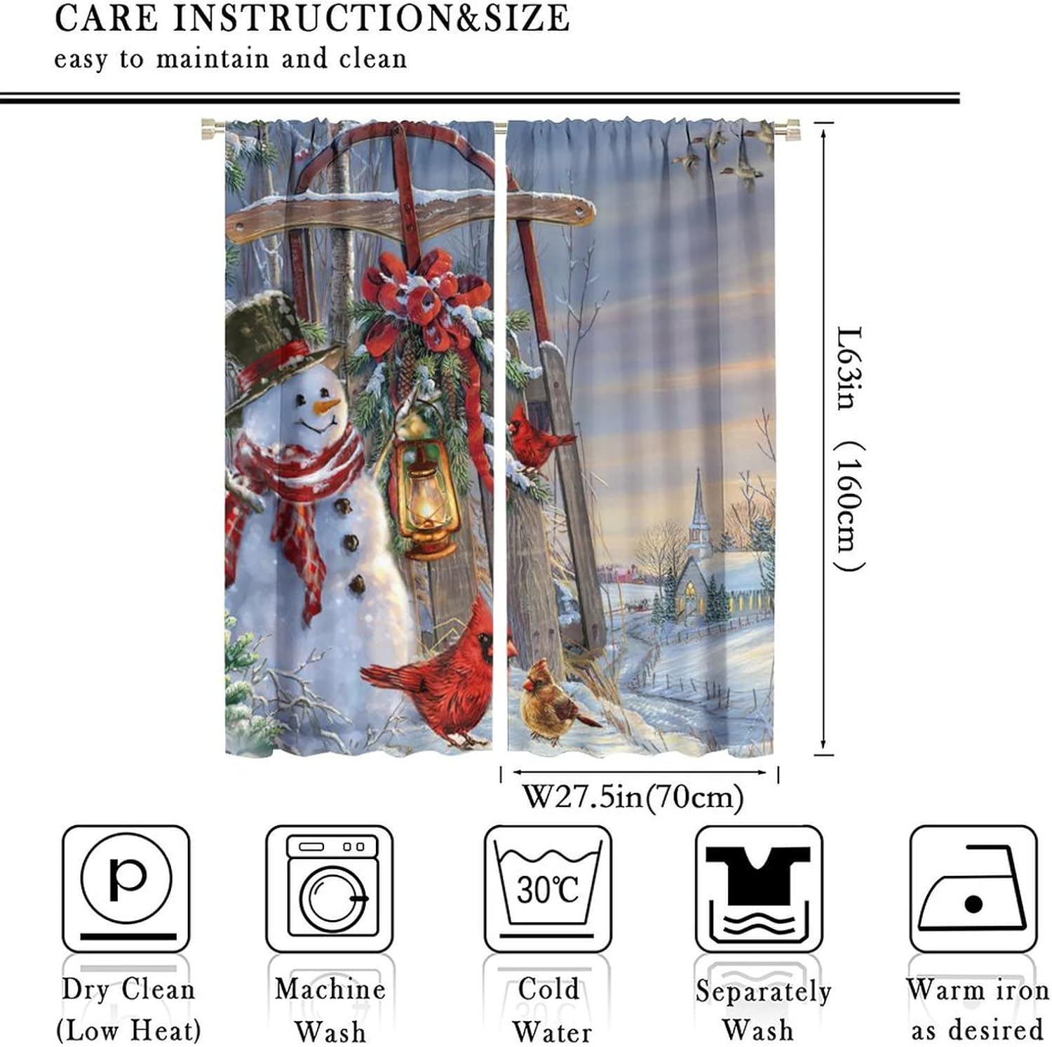 Fantasy Rural Farmhouse Rod Pocket Blackout Curtains - Retro Oil Painting Winter Snowman Bells Window Treatment,Thermal Insulated Room Darkening Curtains 2 Panels 63L x 27.5W