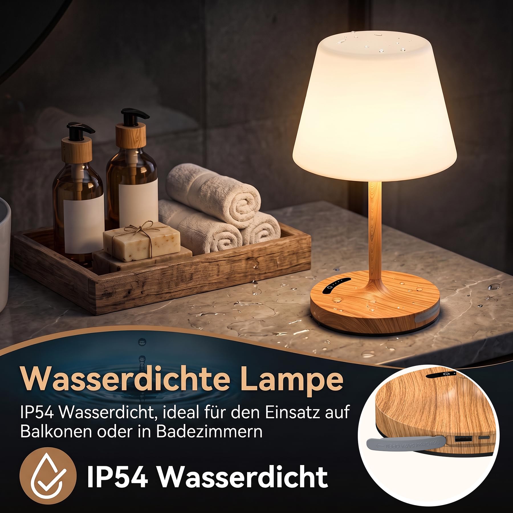 2 Stück Tischlampe Kabellos, 3 Farbtemperatur Nachttischlampe Touch Dimmbar mit Ladefunktion, IP54 Wasserdicht Tischleuchte Kabellos Memory Funktion für Schlafzimmer Esstisch Nachttisch (Holzmaserung)