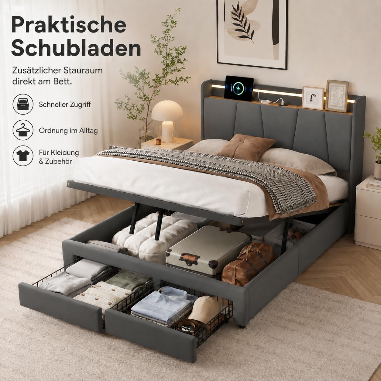 CDQL Łóżko tapicerowane podwójne 140 x 200 cm z pneumatyczną przestrzenią do przechowywania i 2 szufladami, rozkładanym zagłówkiem, łóżko LED ze złączem USB i stelażem, łóżko funkcyjne, łóżko