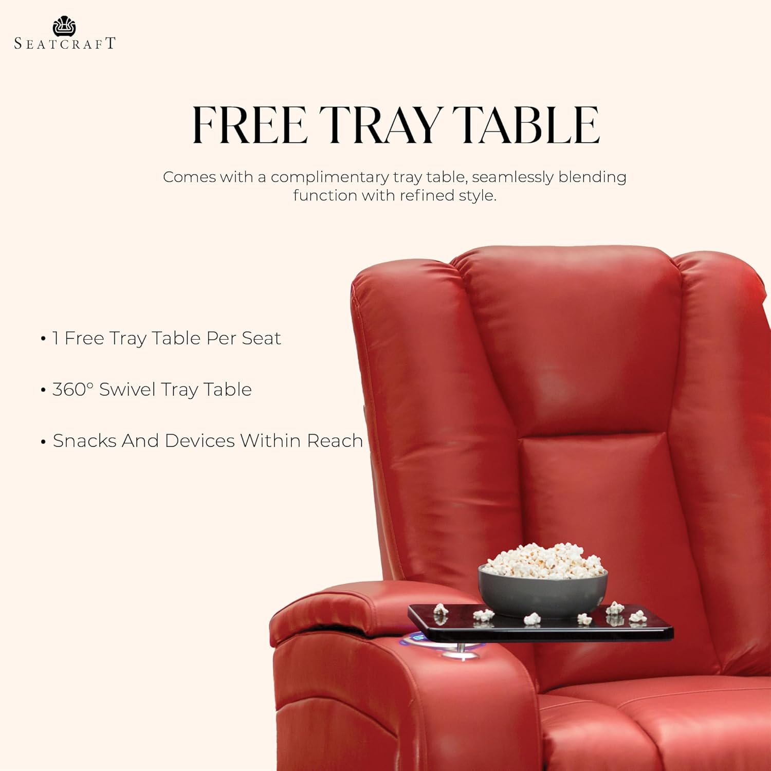 Seatcraft Serenity Italian Leather Home Theater Seating - Living Room - Power Recline - Tray Tables - in-Arm Storage - Ambient Base Lighting and Lighted Cupholders (Row of 2, Red)