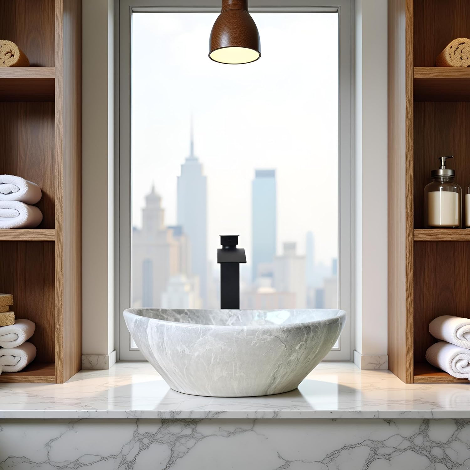 Grey Bathroom Sink Oval Vessel Sink with Waterfall Faucet and Drain Combo 16 Inch Marbling Ceramic Vessel Sink for Above Counter Artistic Bowl Sink