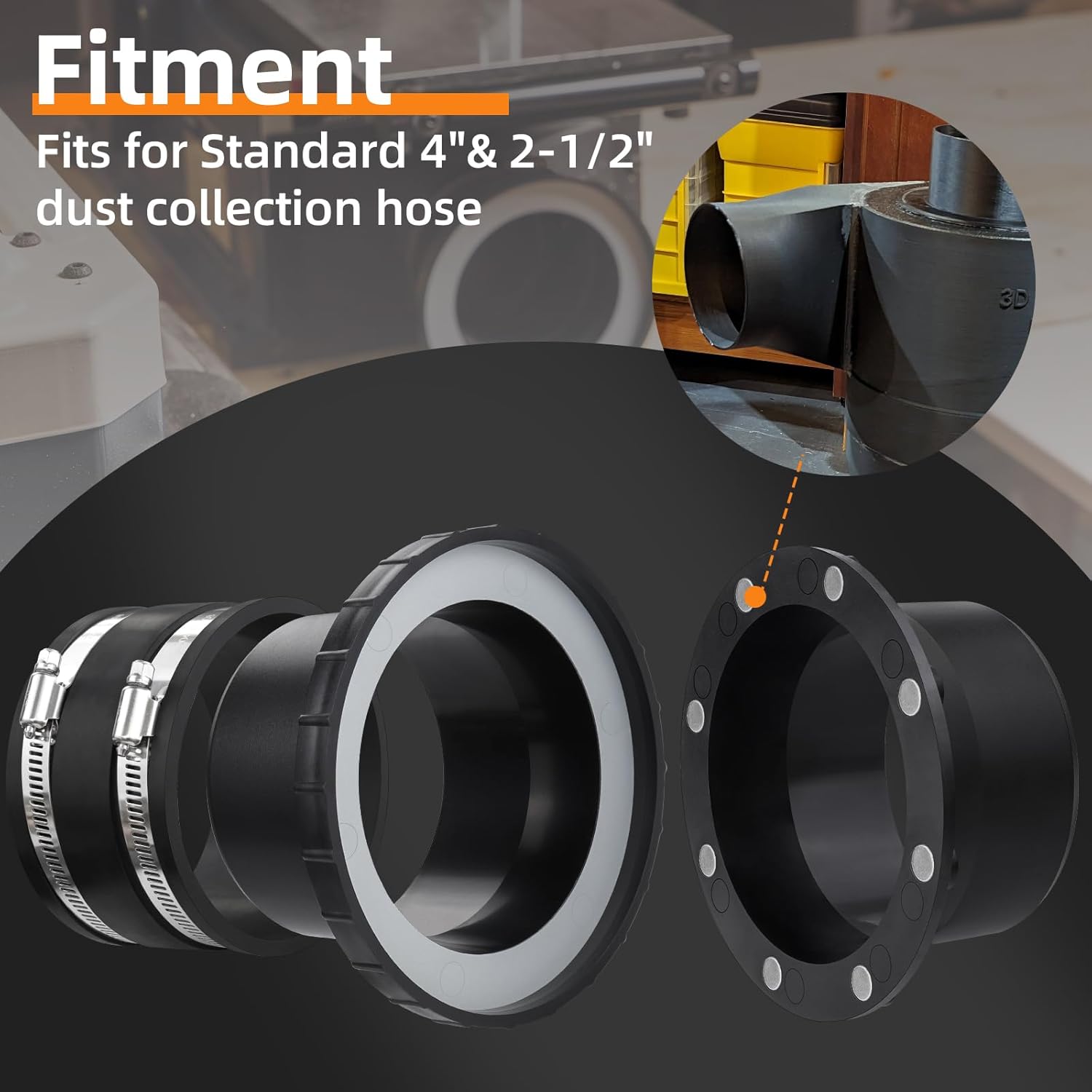 Magnetic Dust Collection Fittings for 4"&2-1/2" Dust Collectors Woodwork Shop Vacuum Hose,Two-to-Multi Magnetic Dust Collector System w/2PK Mag Connector+6Set 4"&2.5" Couplers,Quick Hose to 6 Machines