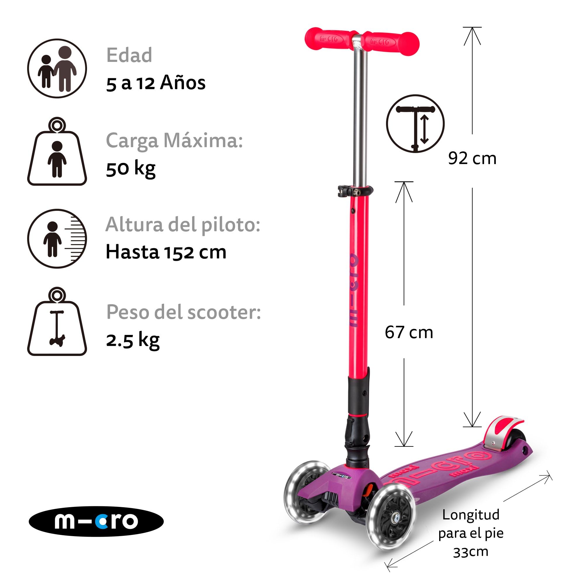Micro® | Maxi Deluxe Plegable LED | Patinete 3 Ruedas Niños | Altura Regulable | Ruedas con iluminación LED | Rodamientos ABEC9 | 5-12 Años | Niños y Niñas