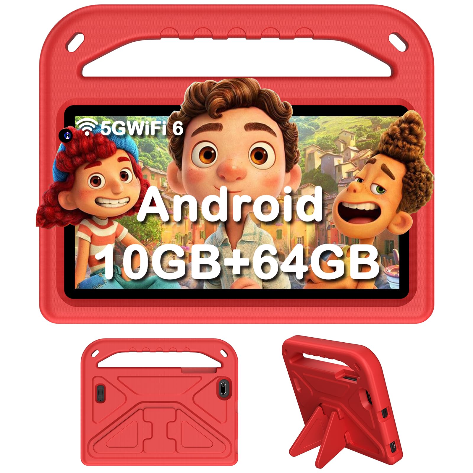DMOAO Tablette 7 Pouces, Tablette Android avec 5G Wi-FI 6, 10Go RAM+64Go ROM(TF 1To), Tablette Tactile Octa-Core, Widevine L1, 3500mAh, Contrôle Parental Tablette avec EVA Cas, Red