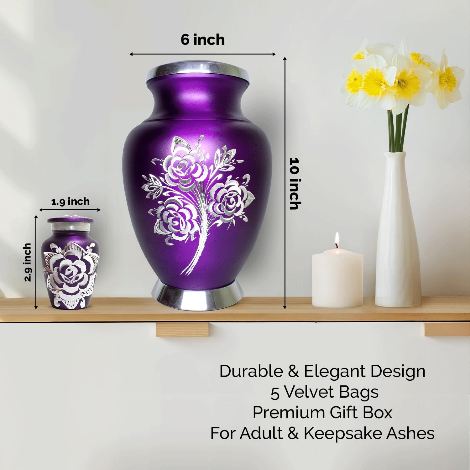 Urn for Ashes for Women – Purple Urn for Human Ashes Adult Female with 4 Keepsake Urns – Elegant Cremation Urn Set with Velvet Bag & Gift Box (Purple, Set of 5)