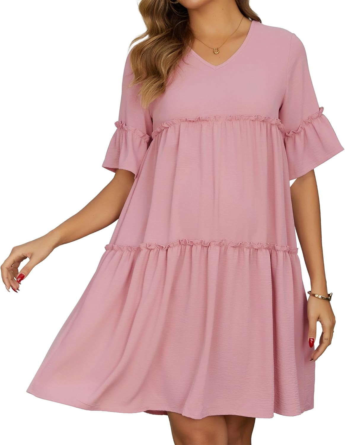 Womens Maternity Dress Ruffled Short Sleeve Tiered Babydoll Swing Loose Fit Pregnancy Dresses Photoshoot Summer