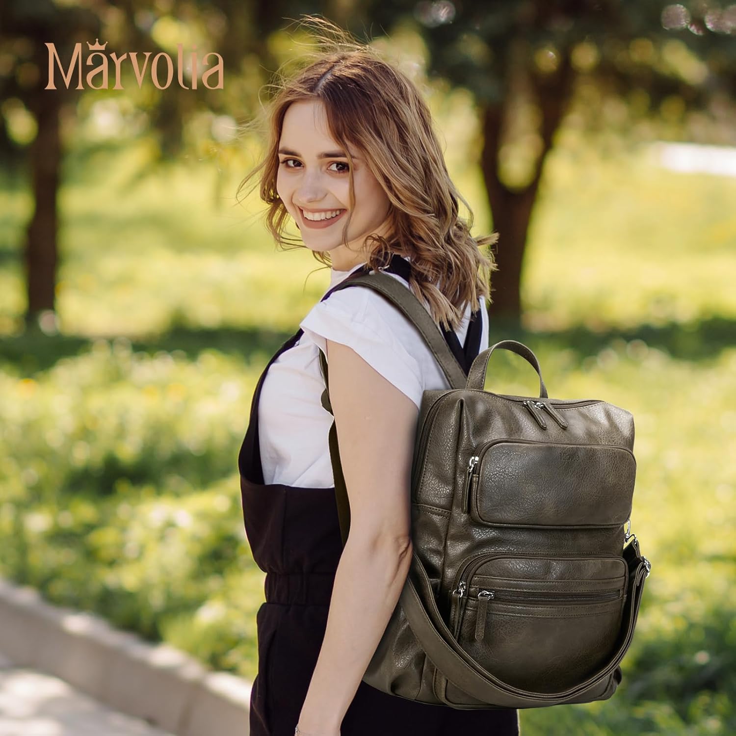Marvolia PU Leather Backpack for Women - Vintage Womens Backpacks with Wristlet Convertible Crossbody Shoulder Bag for Daily Use Work Party - Coffee - Image 3