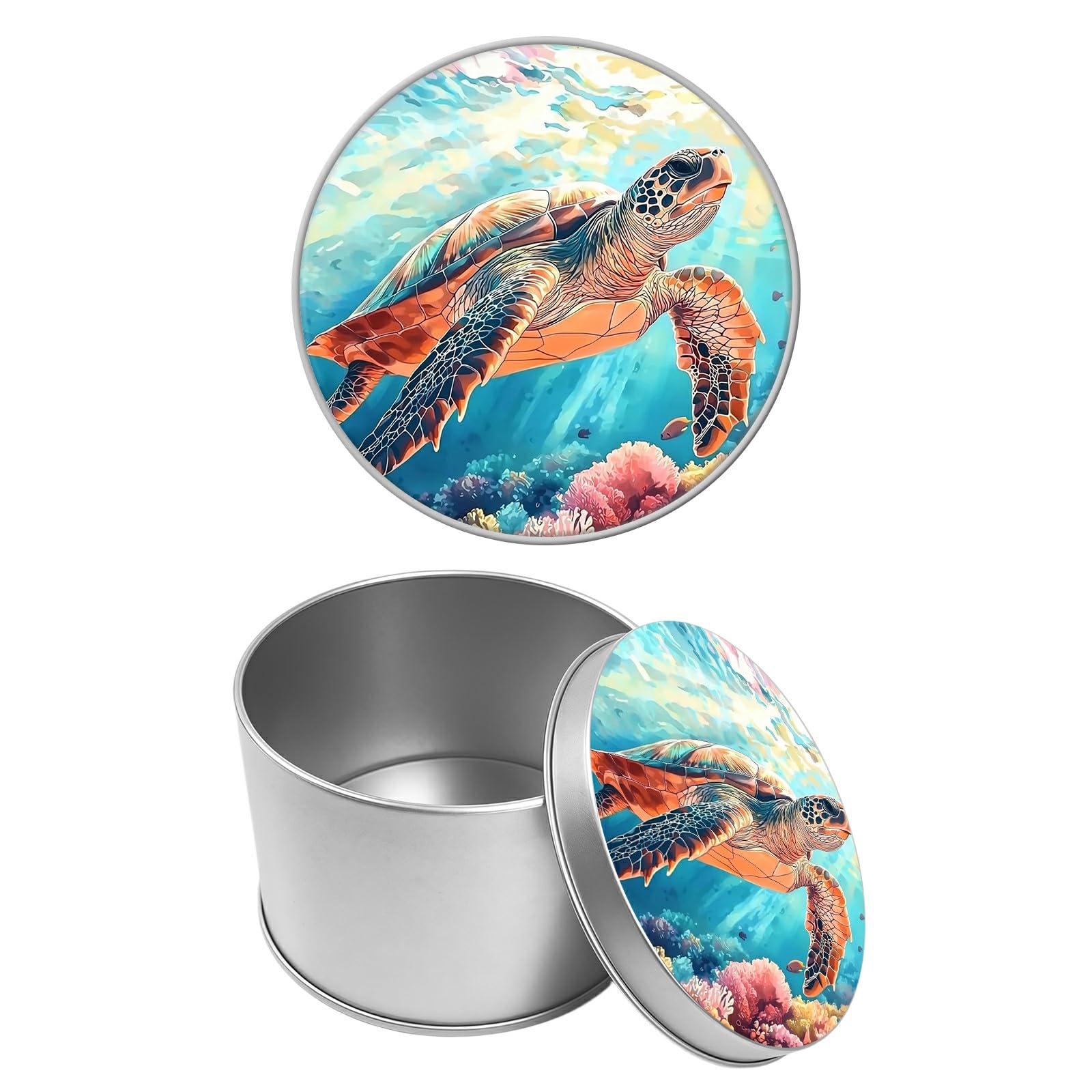 Round Metal Tin Container with Removable Lid, Turtle Ocean Durable Metal Storage Box for Cookies Spices Tea Candies Cakes Jewelry Cosmetics 3.54 x 2.36 inch– Single Pack