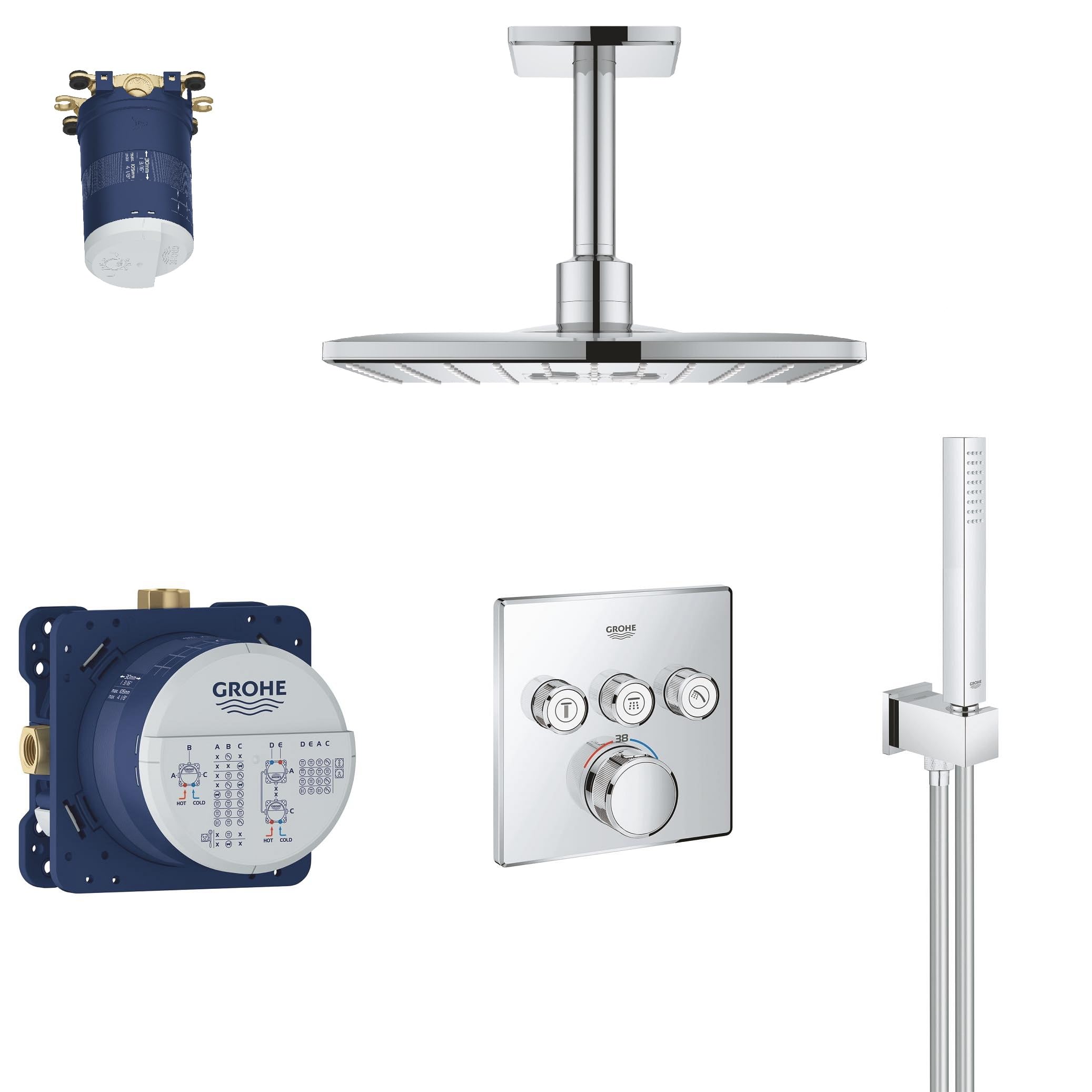 GROHE Grohtherm SmartControl- Set de ducha con termostato (ducha de techo cuadrada 31cm, termostato empotrado con tres válvulas y teleducha formato stick con soporte), listo para instalar, cromo