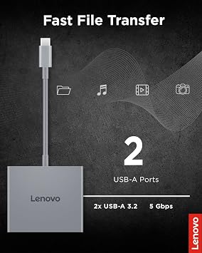 Lenovo USB-C 4 in 1 Travel Hub Block with Integrated Cable, 1x HDMI 4K @ 60Hz, 2X USB-A 3.2, 1x 3.5mm Combo, Luna Grey Portable, Compact, High-Speed Connectivity Laptops PC Gaming Console Charging