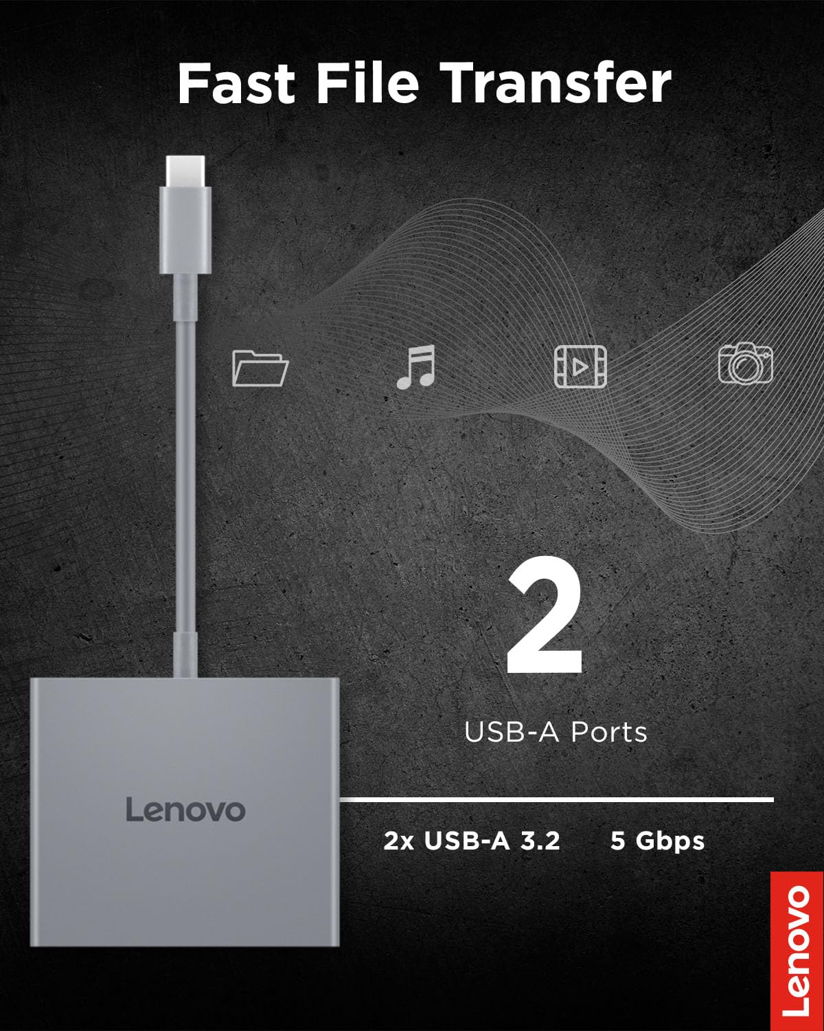 Lenovo Lenovo Hub de Voyage USB-C 4 en 1 avec câble intégré, 1 HDMI 4K @ 60 Hz, 2 Ports USB-A 3.2, 1 Combo de 3,5 mm, Portable, Compact, Haute Vitesse pour Ordinateurs Portables PC - Gris