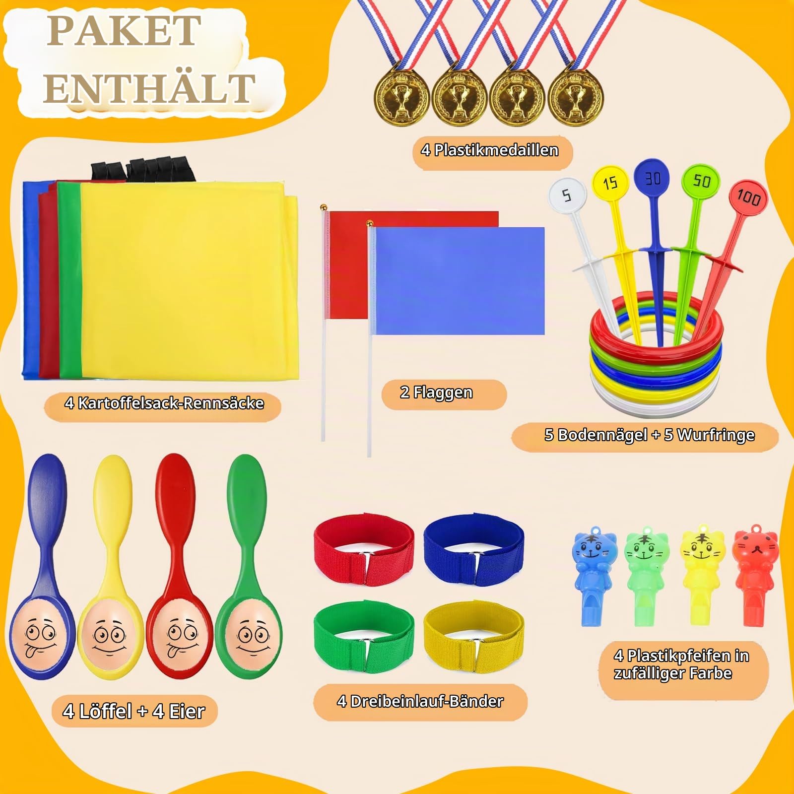 Outdoor Spiele für Kinder, 36Pcs Kindergeburtstag Partyspiele Gartenspiele für Kinder, Sackhüpfen Säcke, Eierlaufen, 3Bein Rennen, Ringwurfspiel, Medaillen, Partyset für Jungen Mädchen