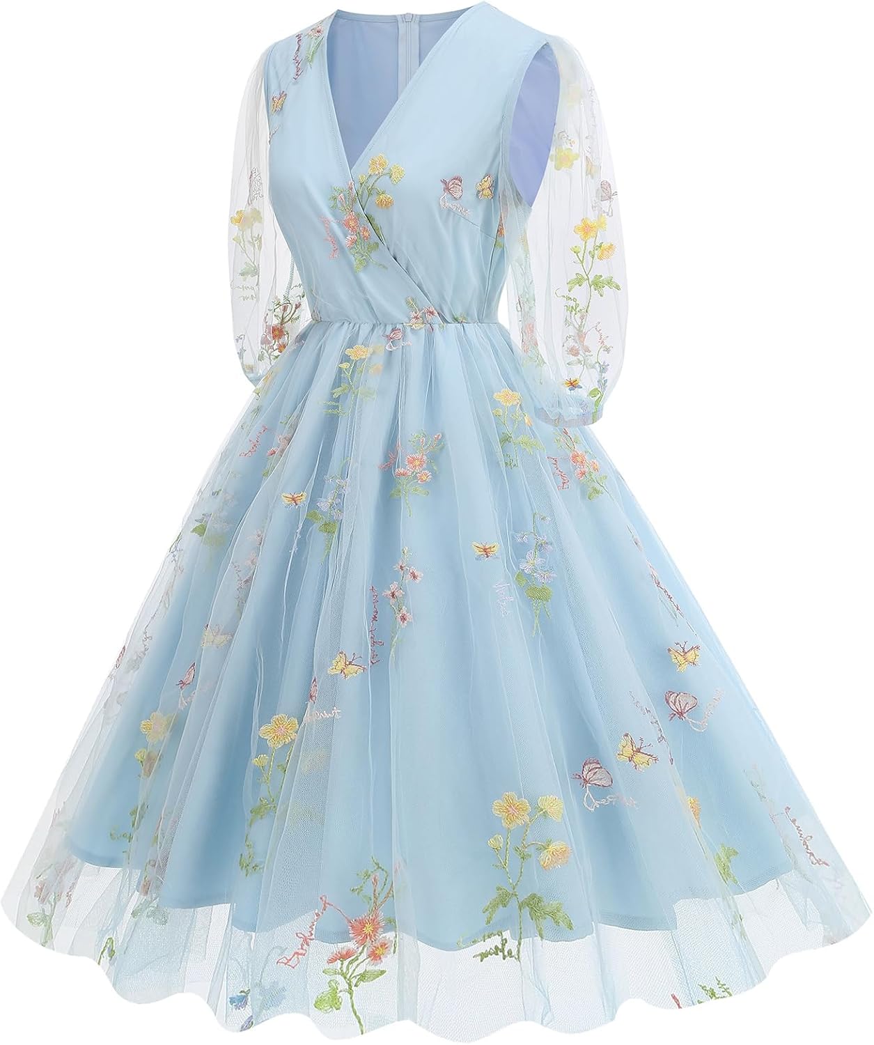 Women Half Sleeve Flower Embroidery Tulle Prom Dress Formal Party Gown Wrap V Neck Flare A Line Wedding Guest Cocktail Dress - Image 2