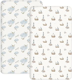 Crib Sheets 2 Pack, 28"x52" Fitted Baby Sheets for Boys & Girls | Fitted for Crib and Toddler Mattress, Machine Washable, Soft Breathable Jersey Knit Baby Bedding (Sailing Waves)