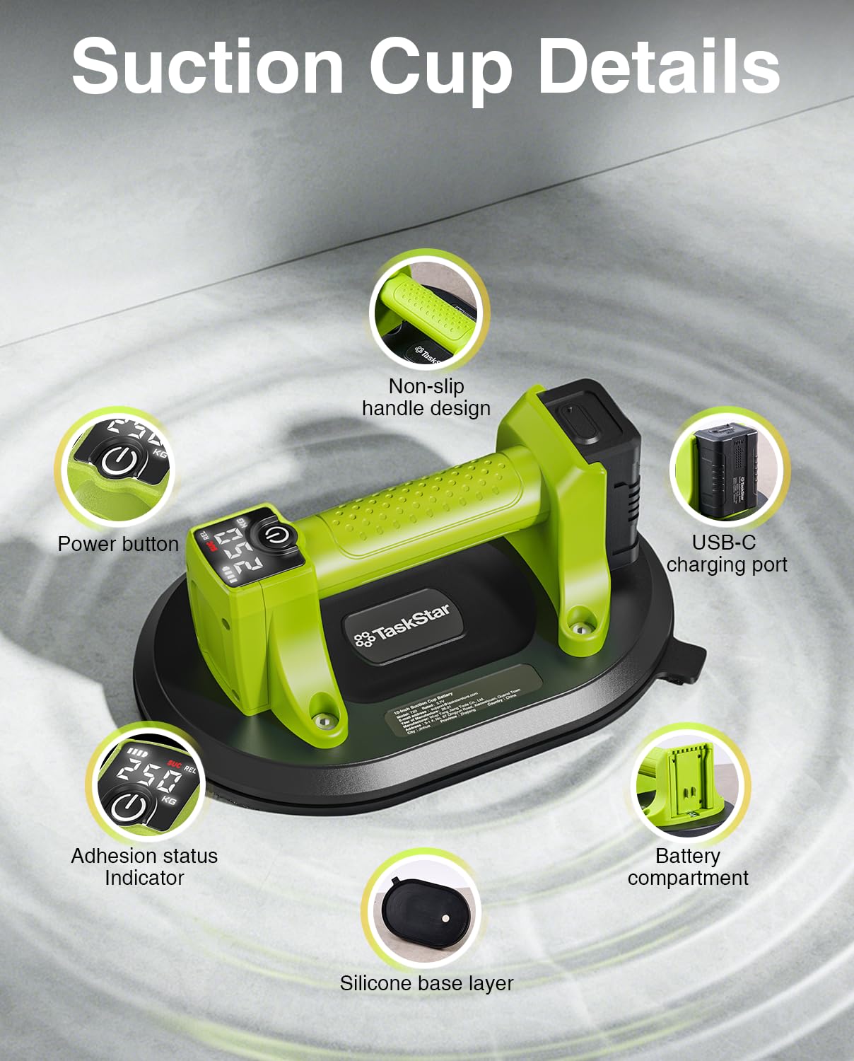 Taskstar Ventosa Elettrica: Ventosa a Batteria da 25cm per Piastrelle con 4x Batteria da 3000mAh - Carico verticale 250 kg - Display LCD, Sollevatore a Vuoto Senza Fili per Piastrelle (Verde)