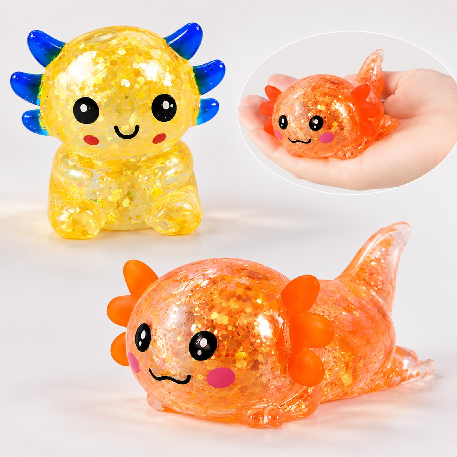 2Pcs Axolotl Squishy, Squishy Axolotl, Orange Sitting and Lying Poses, Soft Squeeze Figures for Desk Use