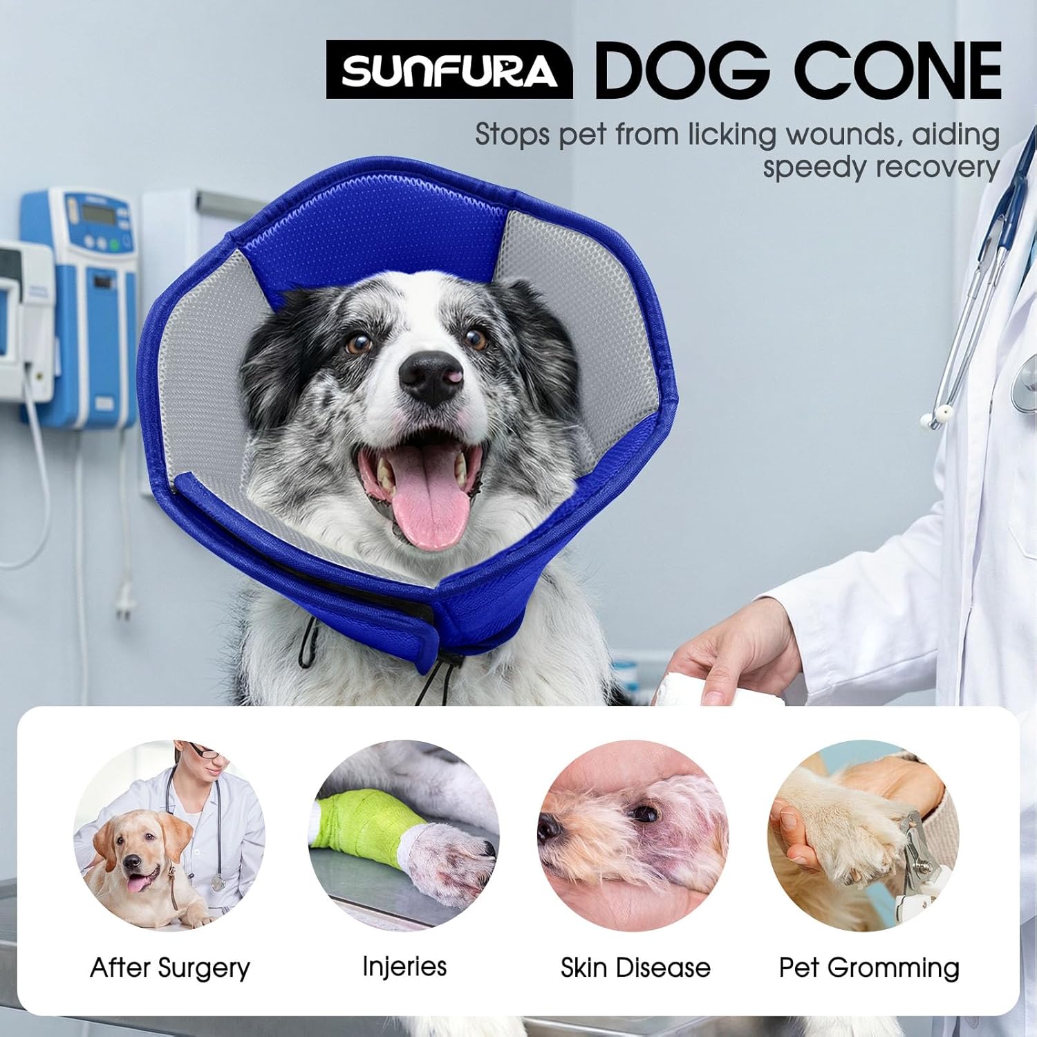 Dog Cone - Soft Cone for Dogs to Stop Licking, Pet E-Collar Alternative After Surgery, Adjustable Pet Recovery Collar for Wound Healing, Blue Medium