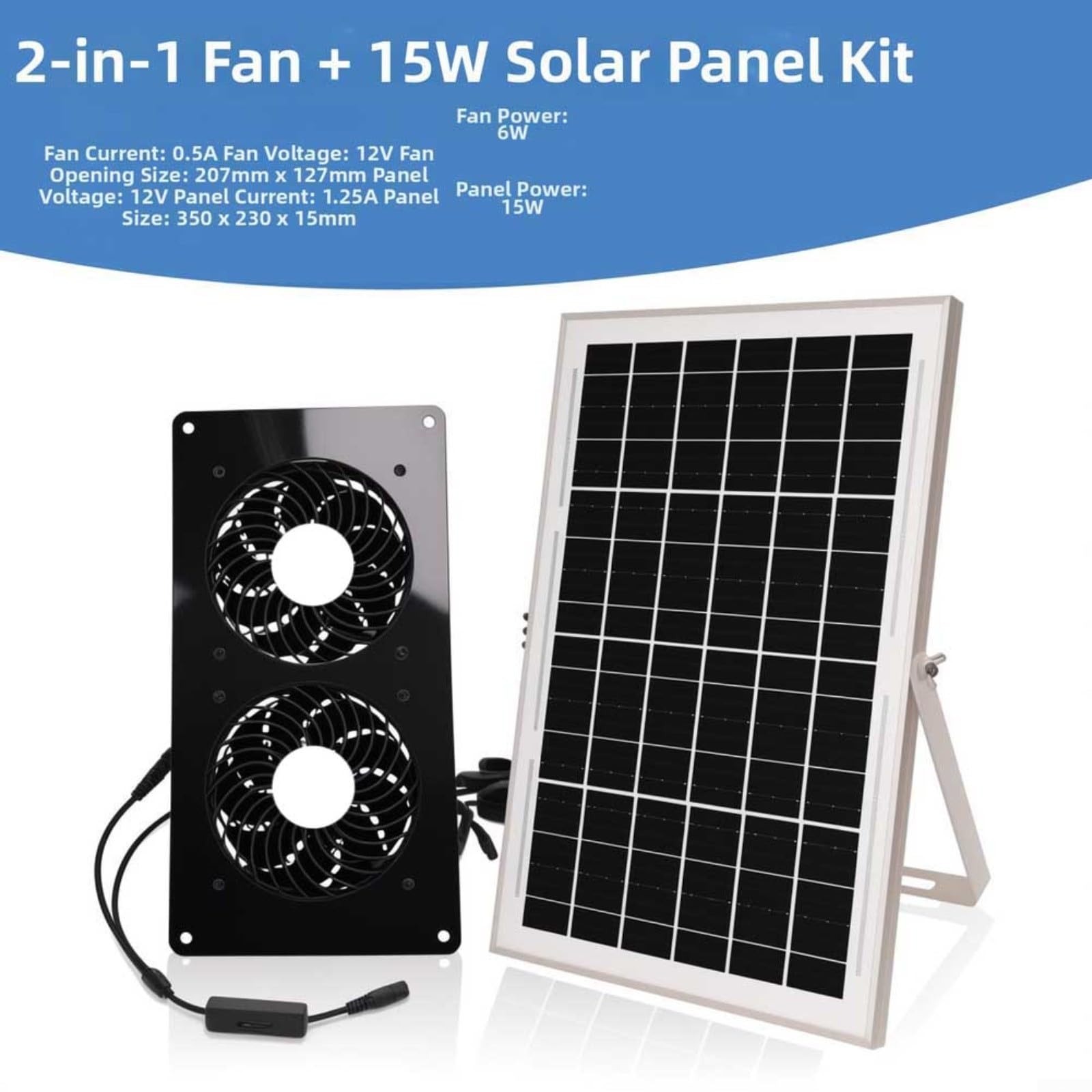 Kit ventola di scarico ad energia solare, 15 W/30 W, 430 CFM, motore brushless ultra silenzioso, pannello IP67, per serra, pollo, camper, capannoni, ventilazione, 20,3 cm (15 W)