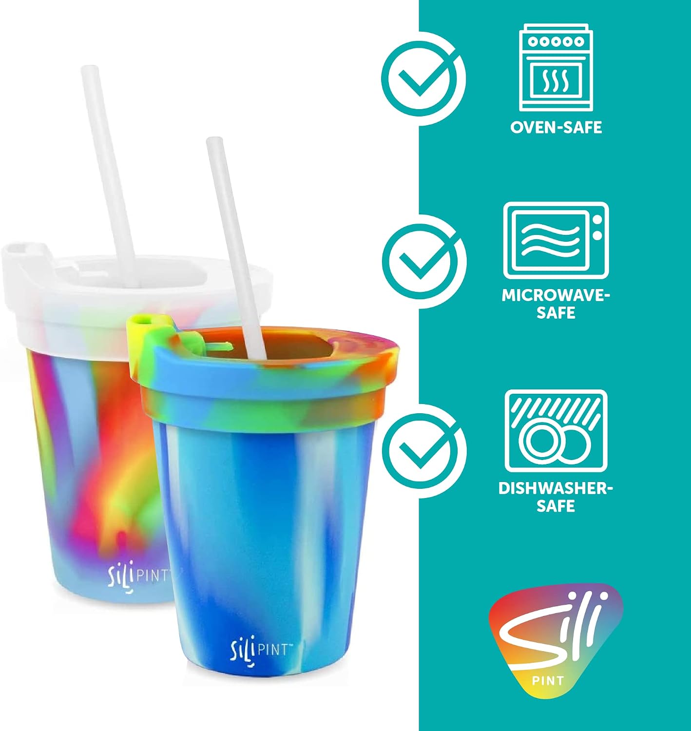 Silipint Silicone Kids’ Cups with Lids and Straws, Unbreakable, Durable, Safe, and Fun Silicone Kids’ Tumblers, Arctic Sky & Hippy Hop, Pack of 2