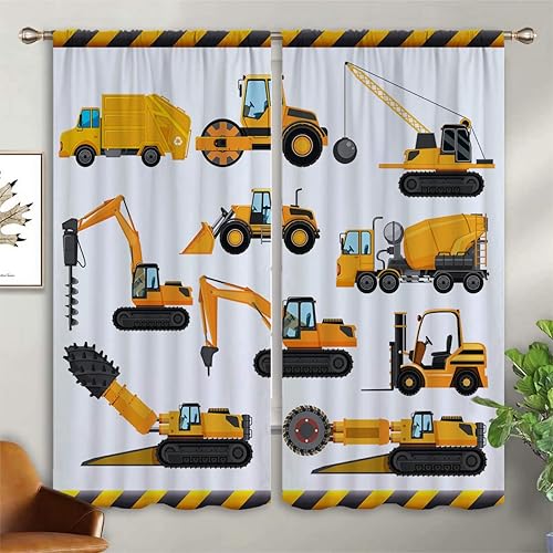 Miniatura 3 de Cortinas opacas de construcción para niños y niñas, decoración de oscurecimiento de habitación, bulldozer de dibujos animados amarillos, tractor,