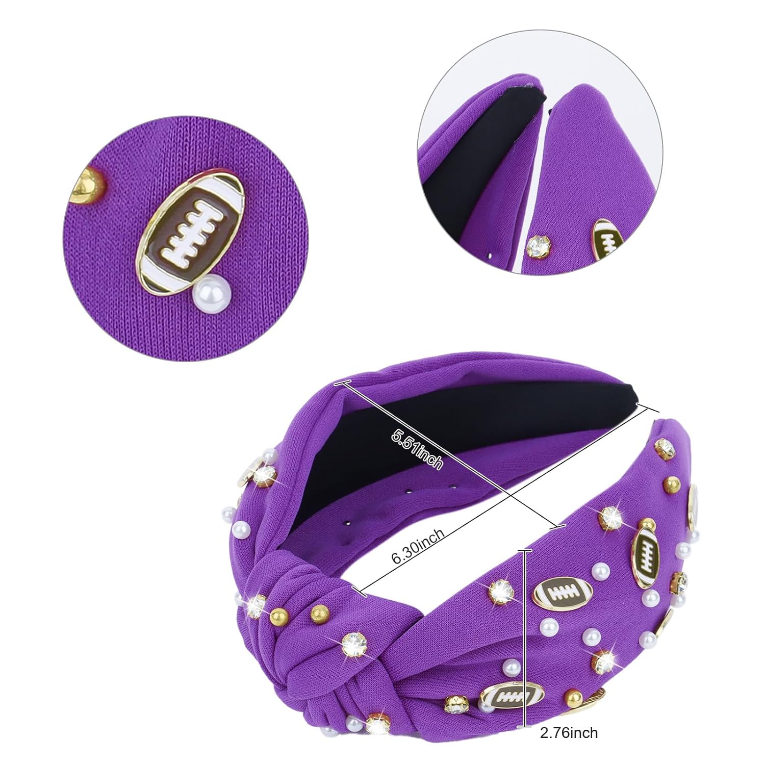 YARIEW Football Headband for Women Pearl Rhinestone Jeweled Knotted Headband Fashion Headband Wide Game Day Sports Hair Accessories Gift for Football Mom Fans Christmas (Purple) - Image 2