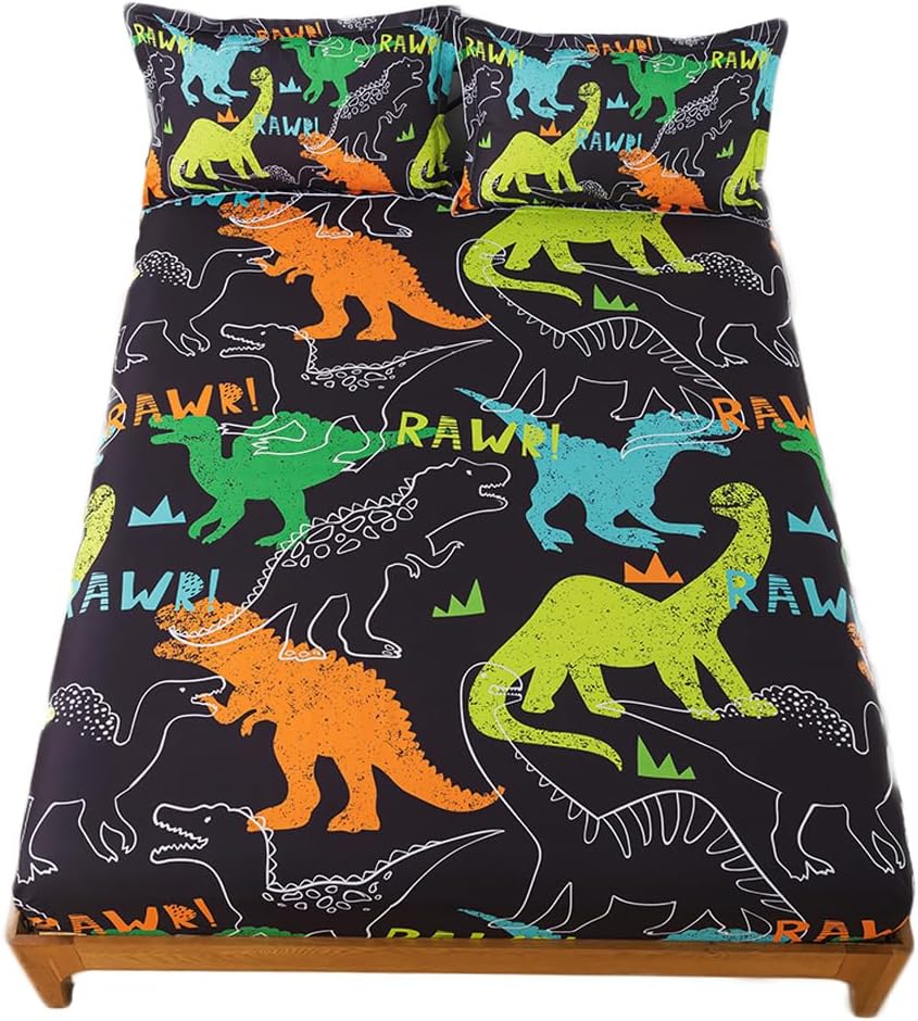 qjmiaofangDinosaur Bed Sheets Full for Kids Dinosaur Sheets 3Pieces T-Rex Dinosaur Bedding Set Animals Printed Bed Set Ancient Dinosaur Fitted Sheet with 2 Pillowcases for home