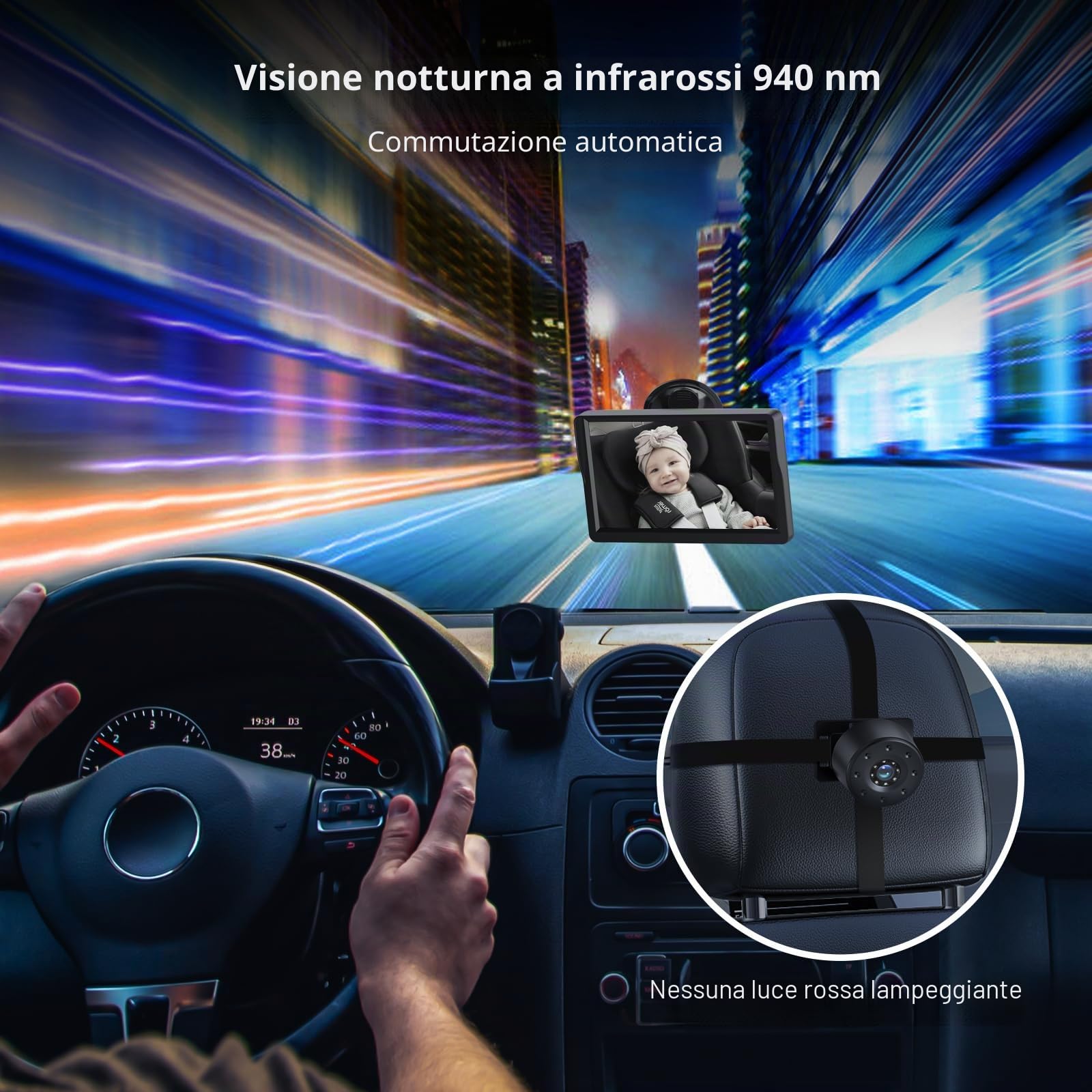 7" Baby Car Camera, 1080p IR Night Vision Baby Mirror con angolo largo 178° – HD IPS Display Rear Facing Monitor, Safe Driving for New Parents, Infants, Kids & Toddlers