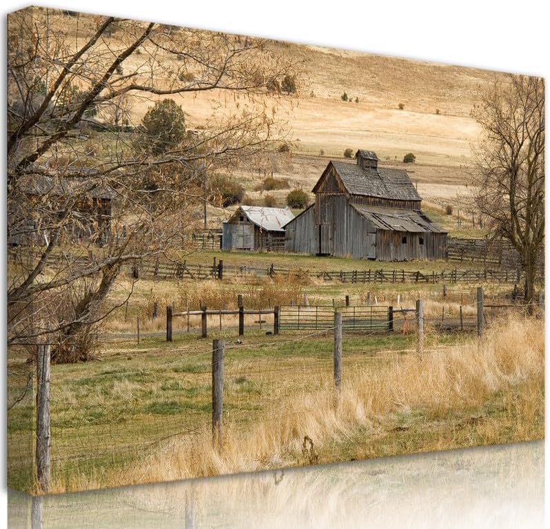 Arte de pared rústico enmarcado, arte de pared vintage de granero, paisaje de campo de campo, póster de baño, impresiones en lienzo para decoración