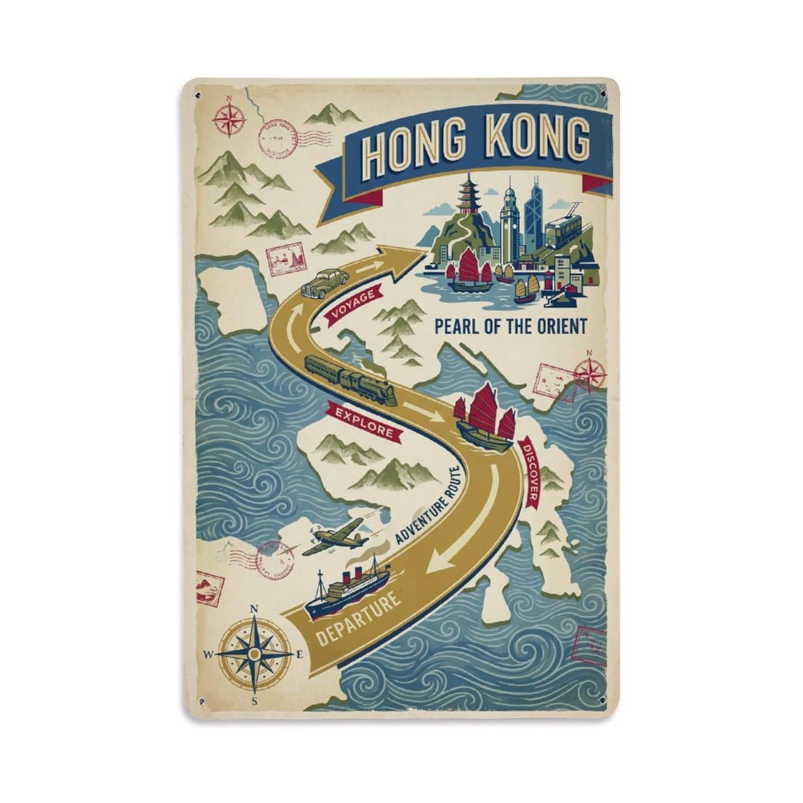 Huiyhb 8X12inch(20X30cm) Vintage Travel Hong Kong Journey Metal Tin Sign