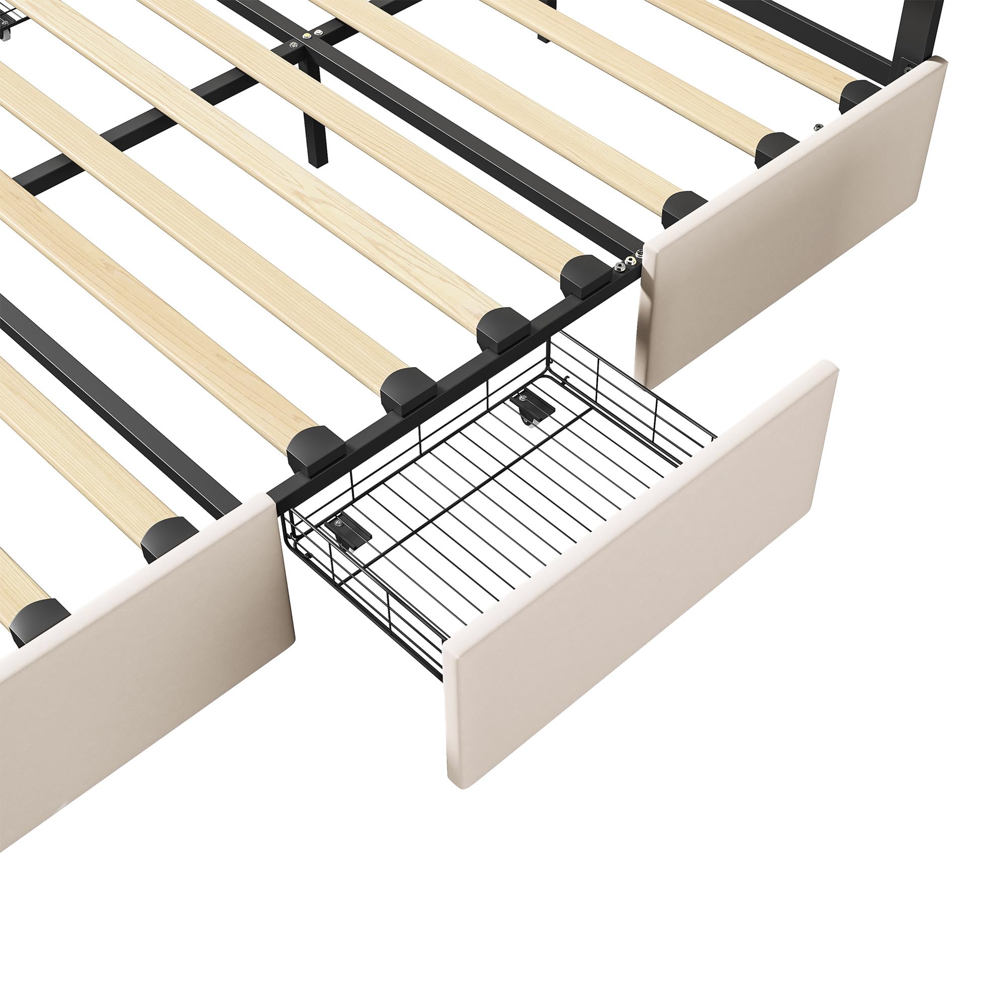 Cama doble tapizada, 160 x 200 cm - Diseño innovador, Cama de almacenamiento con 4 cajones de almacenamiento, cama para adultos con somier de listones, sin colchón, PU(blanquecino, 160 x 200 cm)