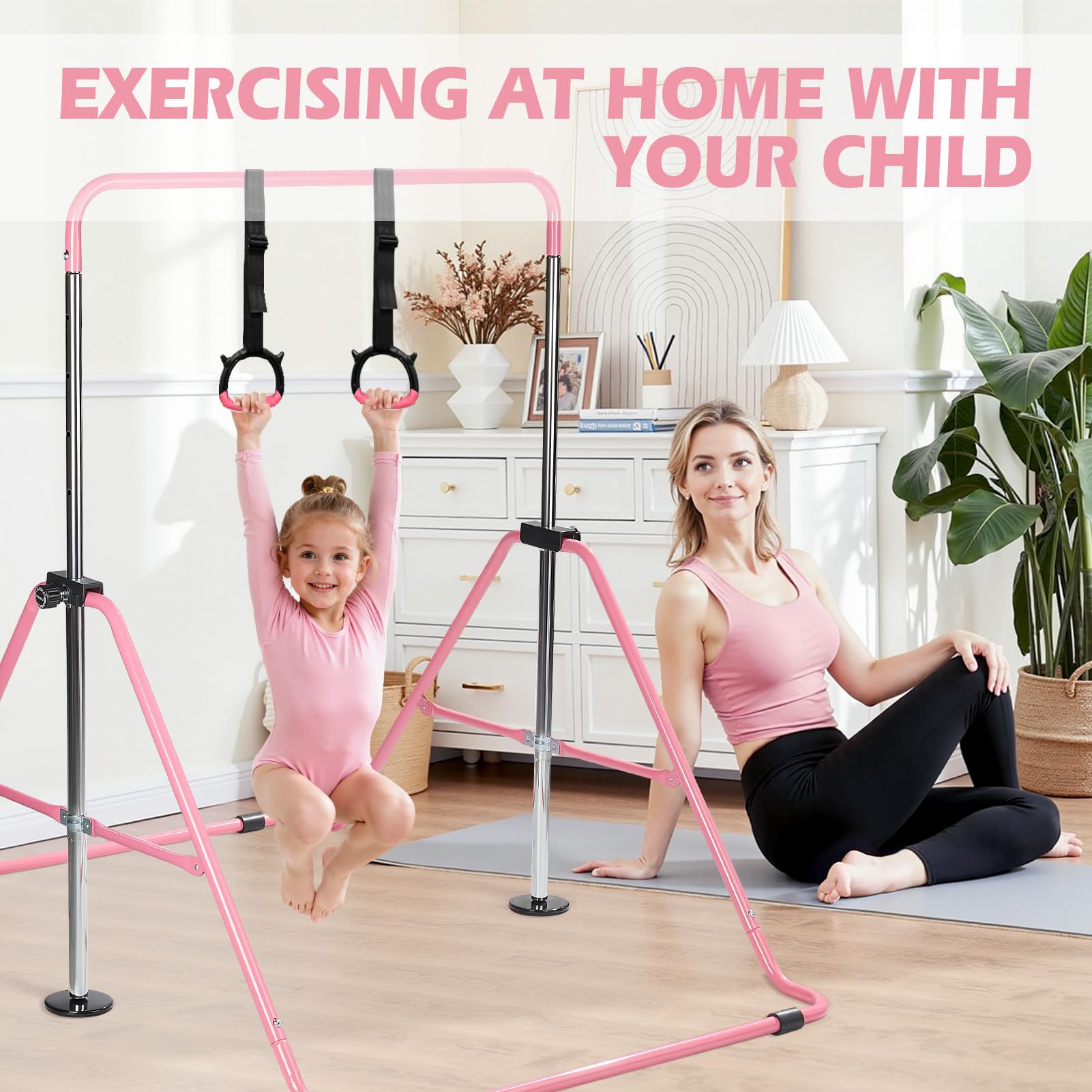 Barra de Gimnasia para Niños Plegable: Barra Horizontal Ajustable en Altura 91-132 cm con Anillas - Equipo de Gimnasia para Casa, Interior Exterior para Niños y Niñas