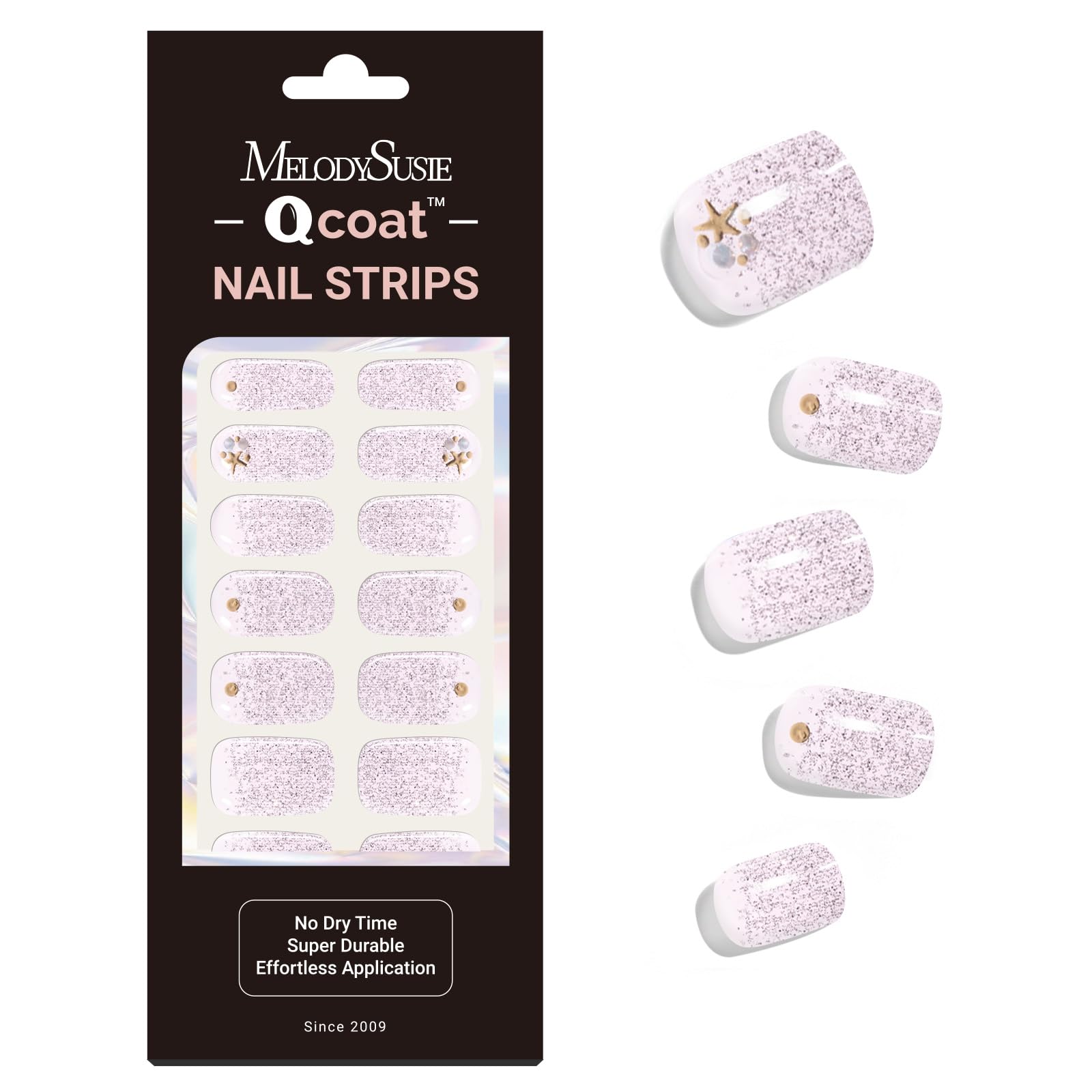 MelodySusie Qcoat Fully Cured Gel Nail Strips, Pink Glitter Starfish, UV Free, Salon Quality, Long Lasting Stickers, Includes 22 Nail Wraps, 2 Prep