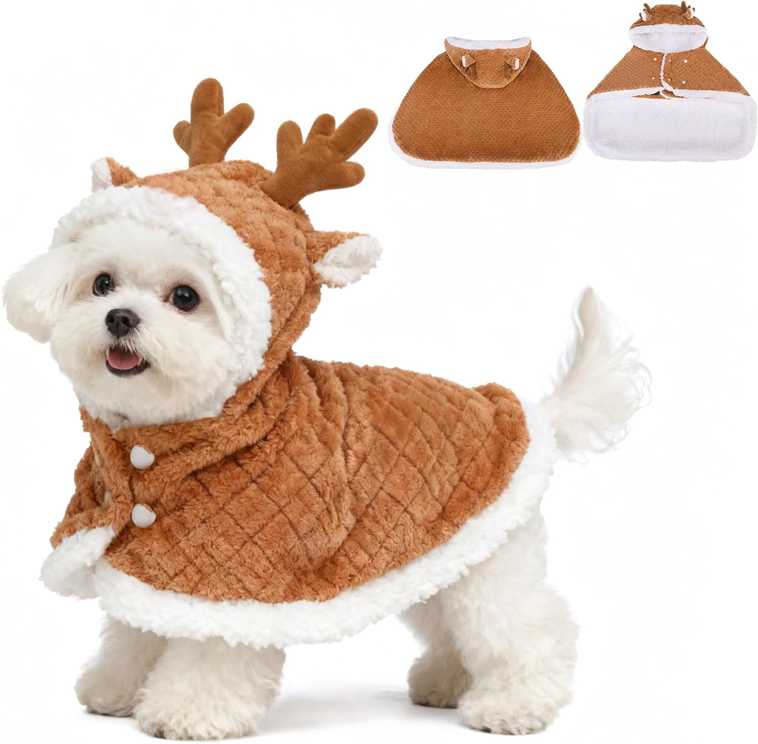 EXPAWLORER Dog Christmas Costume Winter Coat with Hat, Fleece Warm Elk Pet Cloak Cape Blanket with Antlers for Cold Weather, Thicken Dog Sweater Jacket Clothes for Small Medium Large Dogs Cats BrownXL X-Large Elk Brown