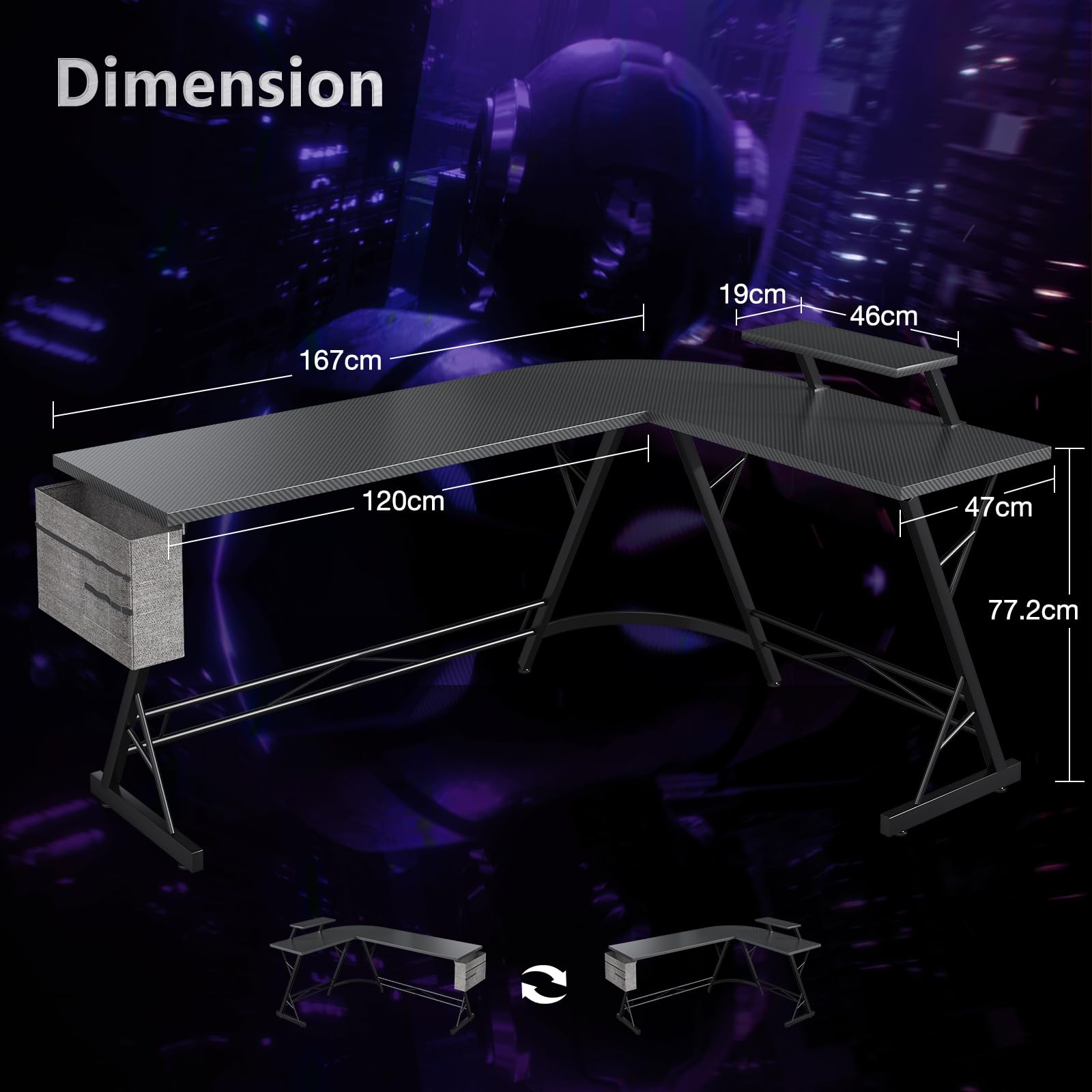 ODK Scrivania Gaming, Scrivania Computer 167x120cm con Supporto Monitor, Scrivania ad Angolo con Porta Cuffie per Gamer, Nero Carbonio