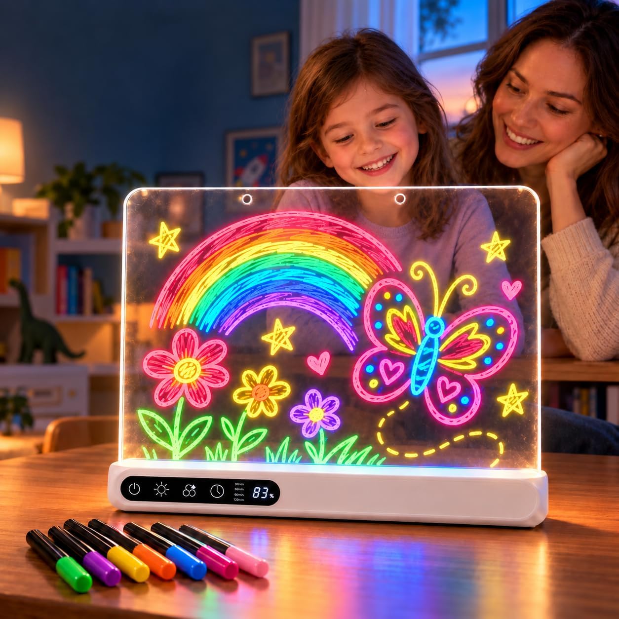 Rechargeable LED Drawing Board for Kids, Cordless Glow Doodle Board with 14 Light Effects and 7 Markers, Wall-Mountable or Tabletop